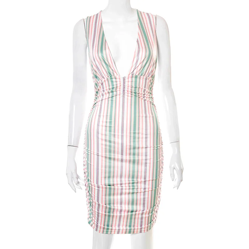 

Women Sexy Deep V-Neck Mini Dress Sleeveless Cross Back Striped Summer Dress Casual Beach Party Bodycon Dress Vestido De Mujer