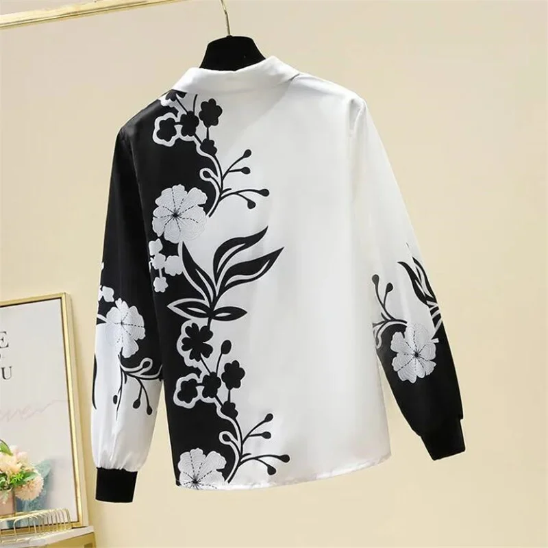 Black White Printing Imitation Silk shirt Ladies Spring New Shirt Mulberry OL Top Floral Print Basic Blouses Female |