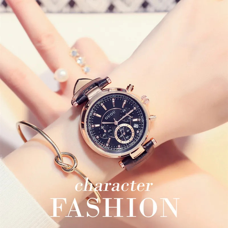 

Sports Design Workable Sub-dial Analog Watches for Women Leather Strap Wistwatch Girls Students Calendar Watches 3ATM Waterproof