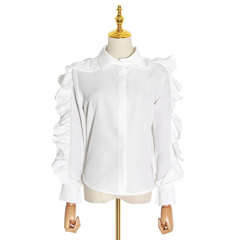 

2020 women's autumn new ruffle stitching shirt women European and American metal zipper decoration long-sleeved shirt top