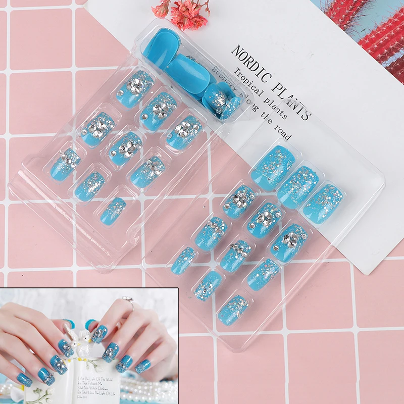 Женские короткие полностью покрывающие блестящие синие 3D накладные ногти для