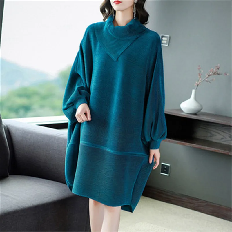 Miyake Сложите свободный большой размер отворот платье 2021 осень стиль бархат модный