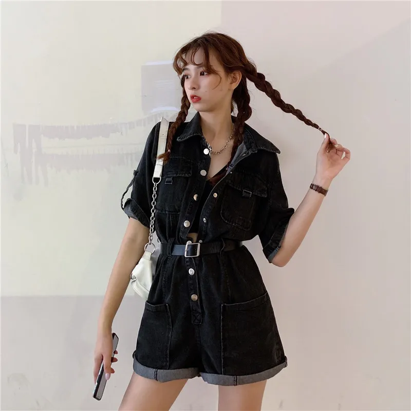 Denim Jumpsuits Summer Women 2022 Casual Loose Straight Playsuits with Belt Thin Work Overalls Jumpsuits Rompers