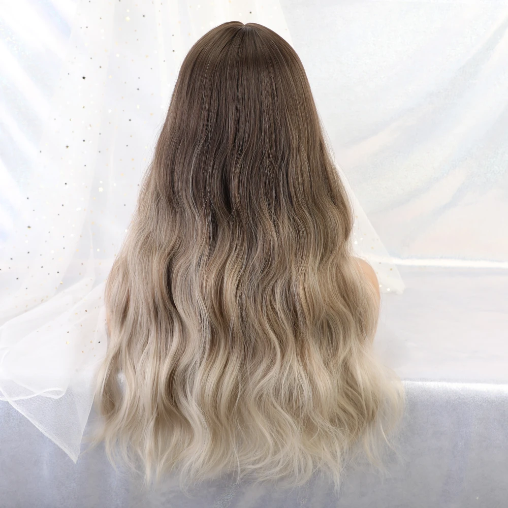 Синтетические длинные волнистые парики из натуральных волос с челкой для