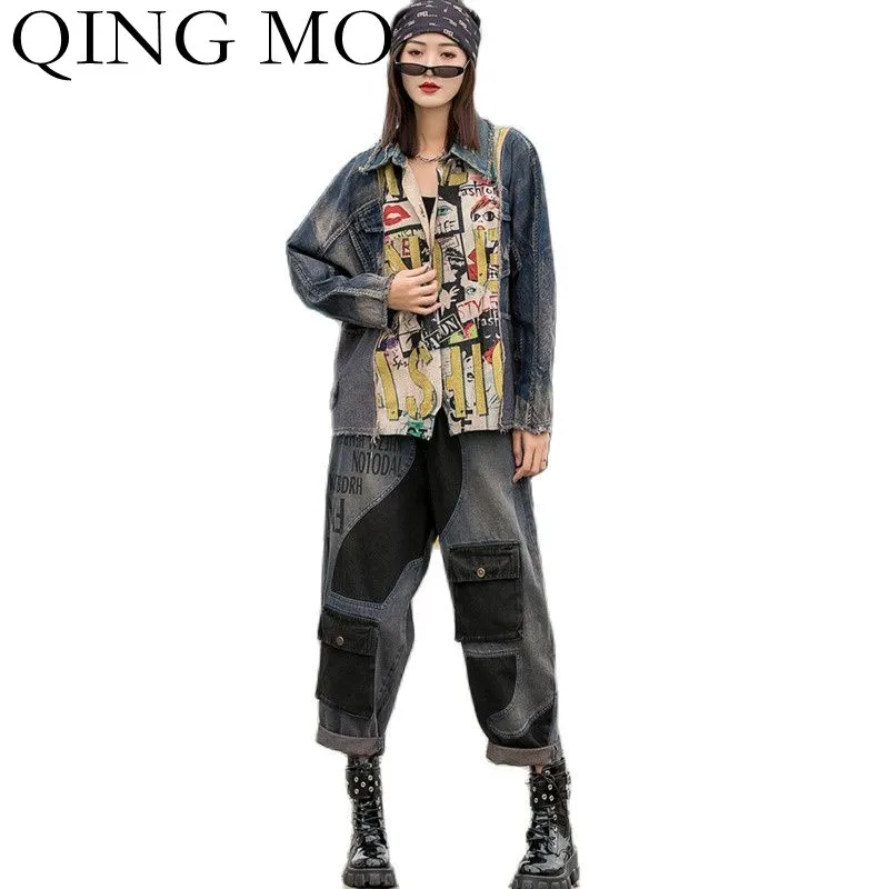 

Женский джинсовый костюм QING MO, однобортный пиджак с отложным воротником и широкими штанинами, свободный джинсовый костюм в стиле ретро, вес...