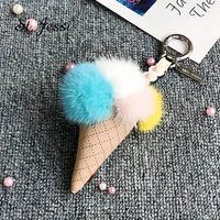 st jessi ins high quality real genuine mink fur monster ice cream cone leather keychain keyring bag charm car key ring pendant