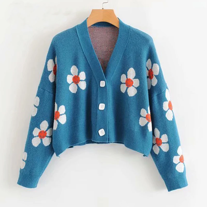 

Korea Style Flower Knit Cardigans Female Crop Tops Women V Neck Loose elegaht Thicked Pull Femme Print Short Casual Coat Spring