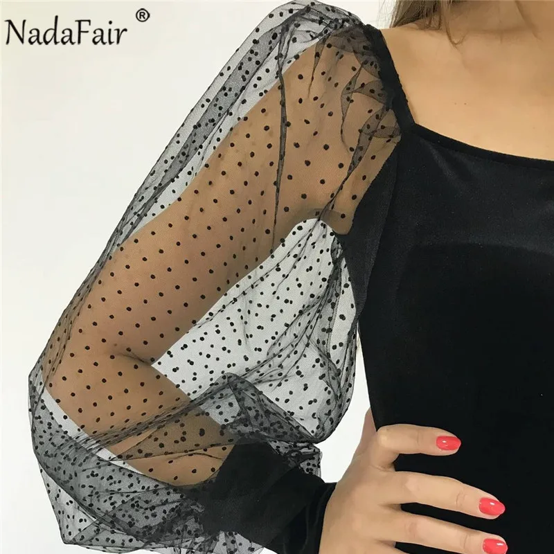 

Nadafair Mesh Puff Sleeve Sexy Dress Women 2021 Summer Square Neck Backless Slim Black White Club Wrap Bodycon Party Dress