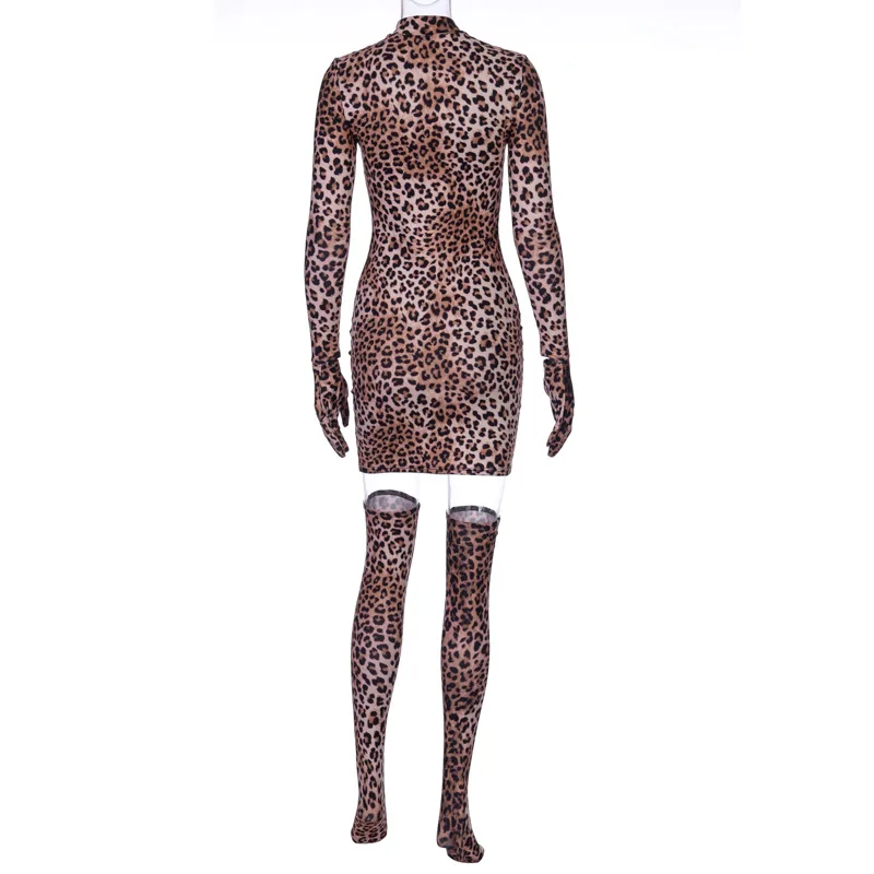 

Sexy Club Dress Women Long Sleeve Turtleneck Leopard Dress Fall Slim Hip Bodycon Dress With Gloves Vestiti Donna Vestidos