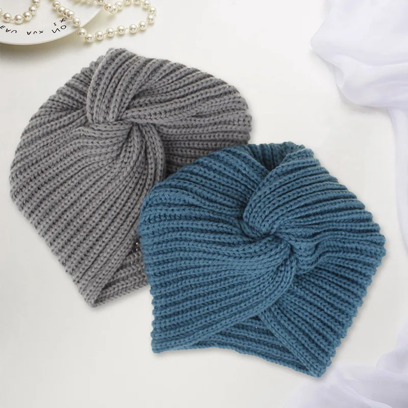 

Women's Knitted Turban Hats Bohemia Turban Cashmere Cross Wrap Head Indian Hat Wool Knitting Bonnet Turbante Cap