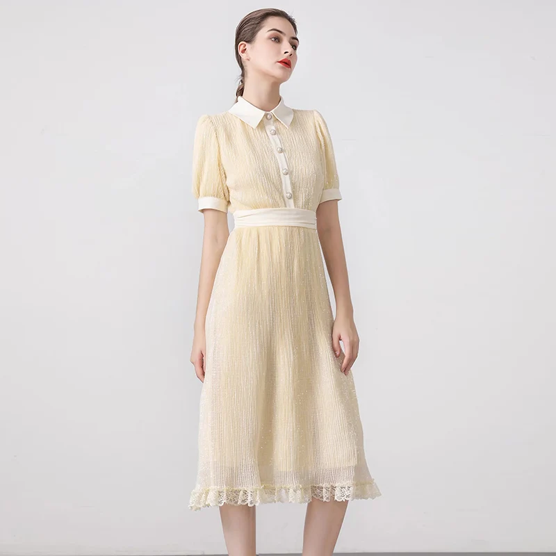 MIUXIMAO 2022 New Spring Women's Clothing Lapel Short Sleeve Soild Slim Waist Dress Fashion Elegant Office Style