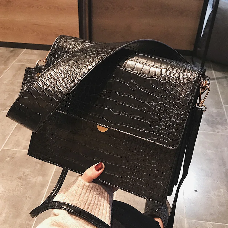 

Fashion Crocodile Shouder Bags Women Designer Brand Wide Strap Handbags Luxury Pu Leather Crossbody Bag Small Flap Female Purses
