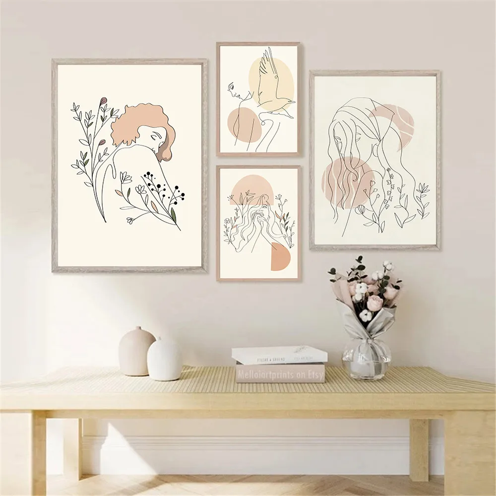 Листья цветы оранжевый минималистичный принт абстрактная Женская линия