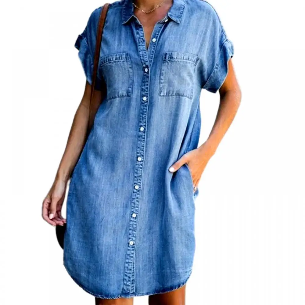 

Женское джинсовое платье с отложным воротником, коротким рукавом и карманами