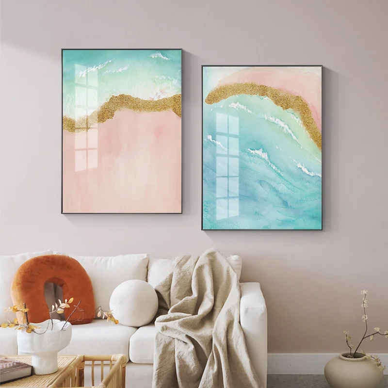 Простой скандинавский абстрактный розовый акварель морской пляж Золотая фольга