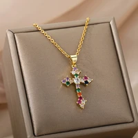high quality cubic zirconia cz zircon copper metal cross necklaces pendants for women stainless steel chain necklace