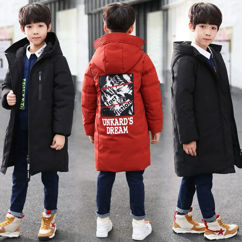 

Winter Casual Children Down Cotton Jackets Hooded Printed Kids Snow Long Parka Clothes Thicken Warm Teen Boys Overcoats 5-14T