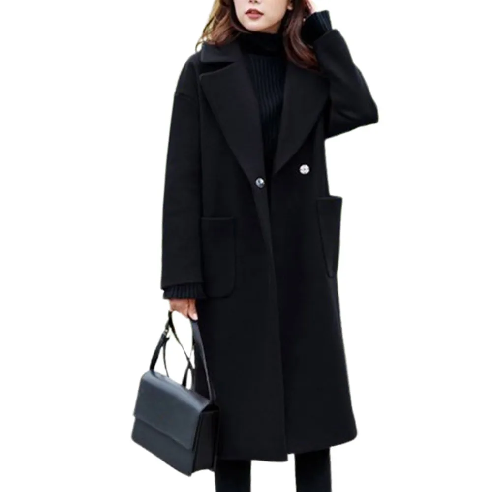 

Fashion Lapel Wool Coat Elegant Women's Plain Casual Winter Warm Long Coat With Pocket Overcoat Loose Streetwear Outwear