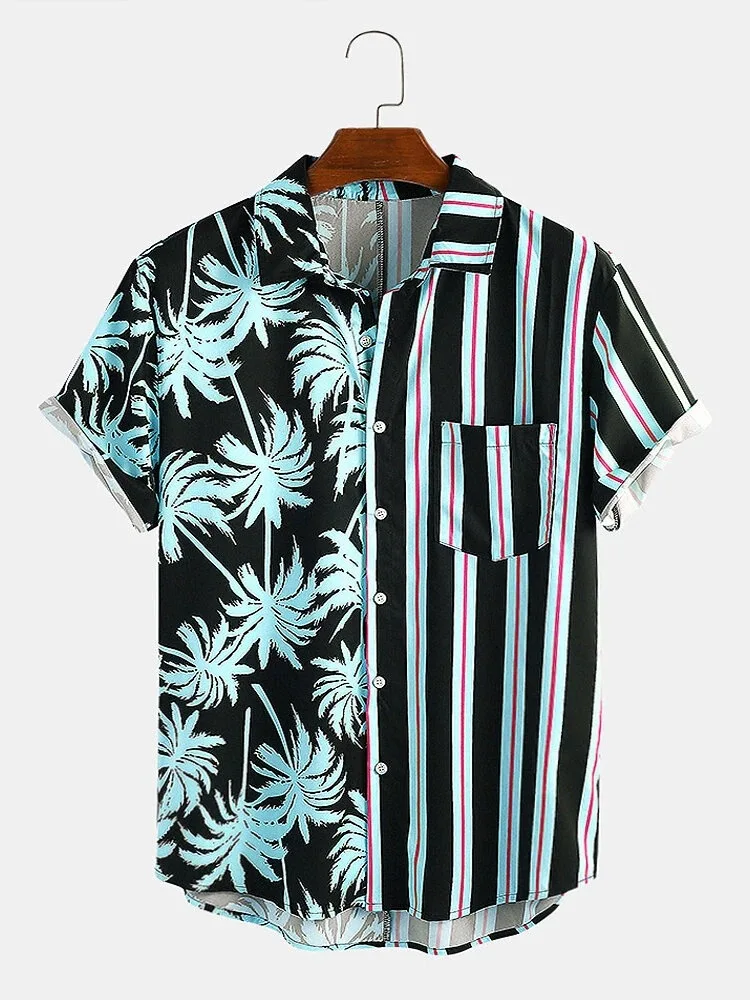 New Male Summer Green Fall Maple Leaf Stripe Color Matching Tops Men Personality Design Casual Short Sleeves Blouse Adult Boys