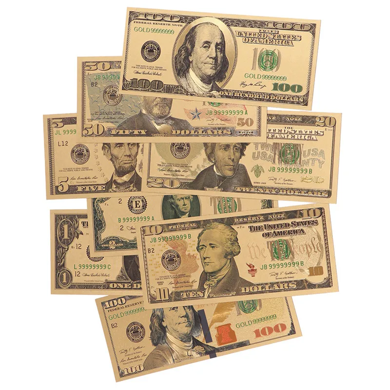 

8pcs 24K Gold Plated Dollars Commemorative Notes Fake Money Gold Antique Collection 1 2 5 10 20 50 100 Dollar