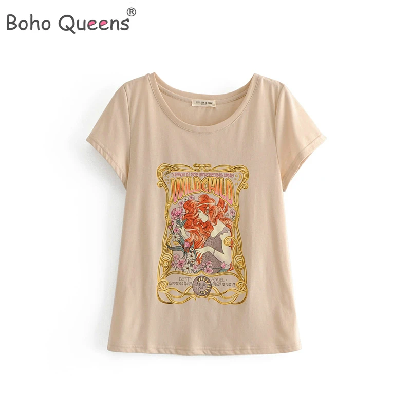 Женский топ с круглым вырезом Boho hippie хлопковая Футболка принтом розы женская