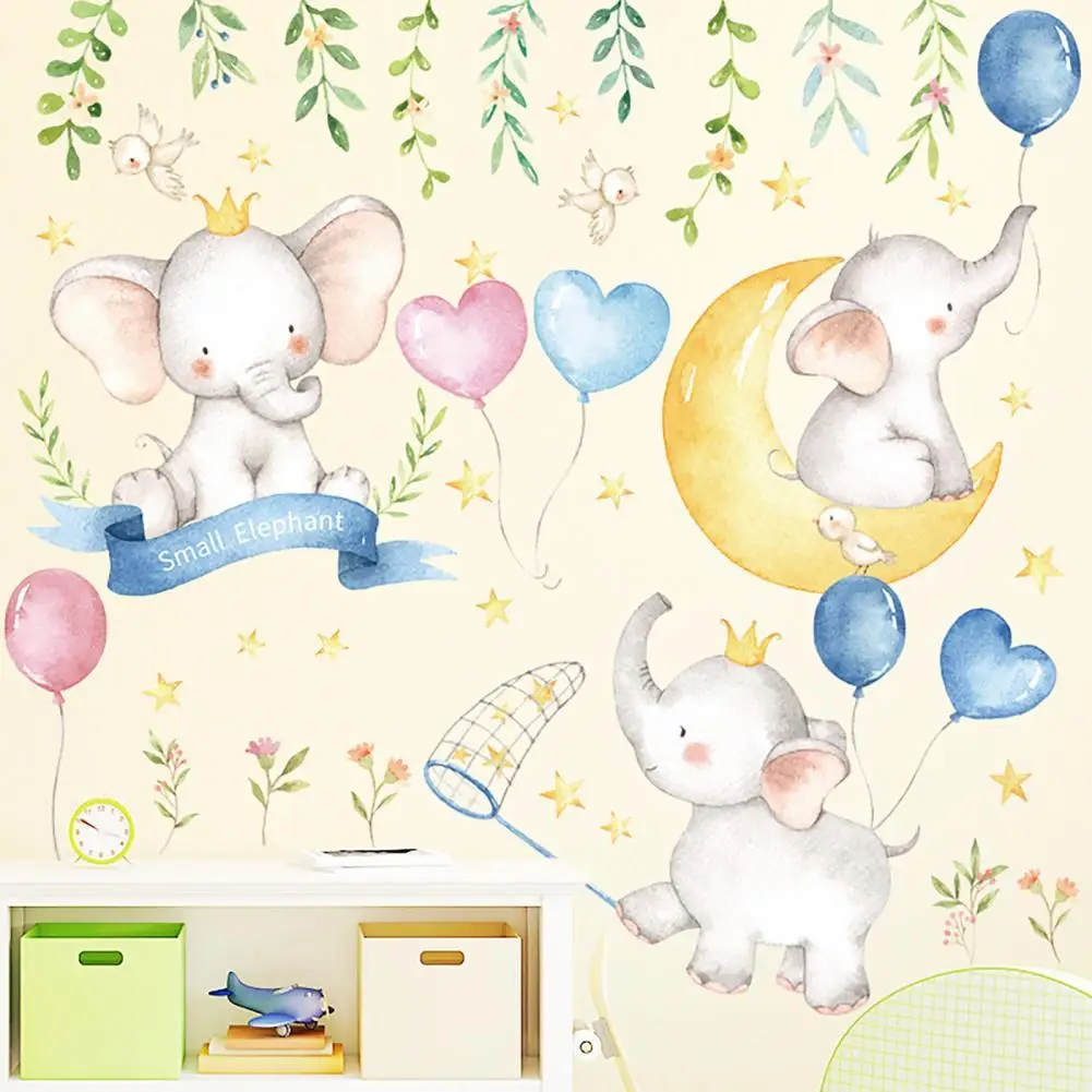 

2Pcs/Set Wall Stickers Cartoon Small Elephants Balloon Moon wall stickers paint Style for Kids Room Wall Decal Baby Wall Decor