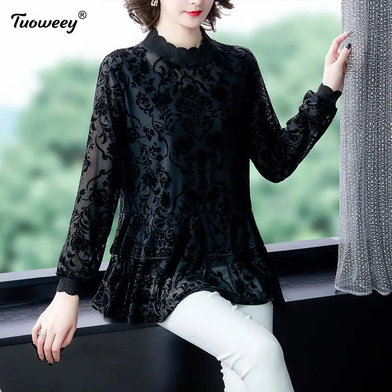 

Female Large Size stand collar Stitching polka dot Blouses Pullover Women Spring Lace Long-sleeved Ruffled Bottoming Shirt