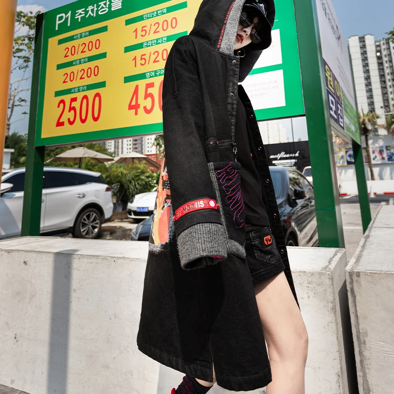 Женское джинсовое пальто Max LuLu Черное длинное с капюшоном в Корейском стиле