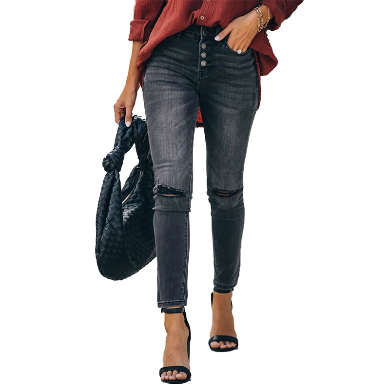 

Women's Pants Retro Worn Stretch Ripped Ankle Length Pants Female Casual Mid Waist Single Breasted Trousers Pantalones De Mujer