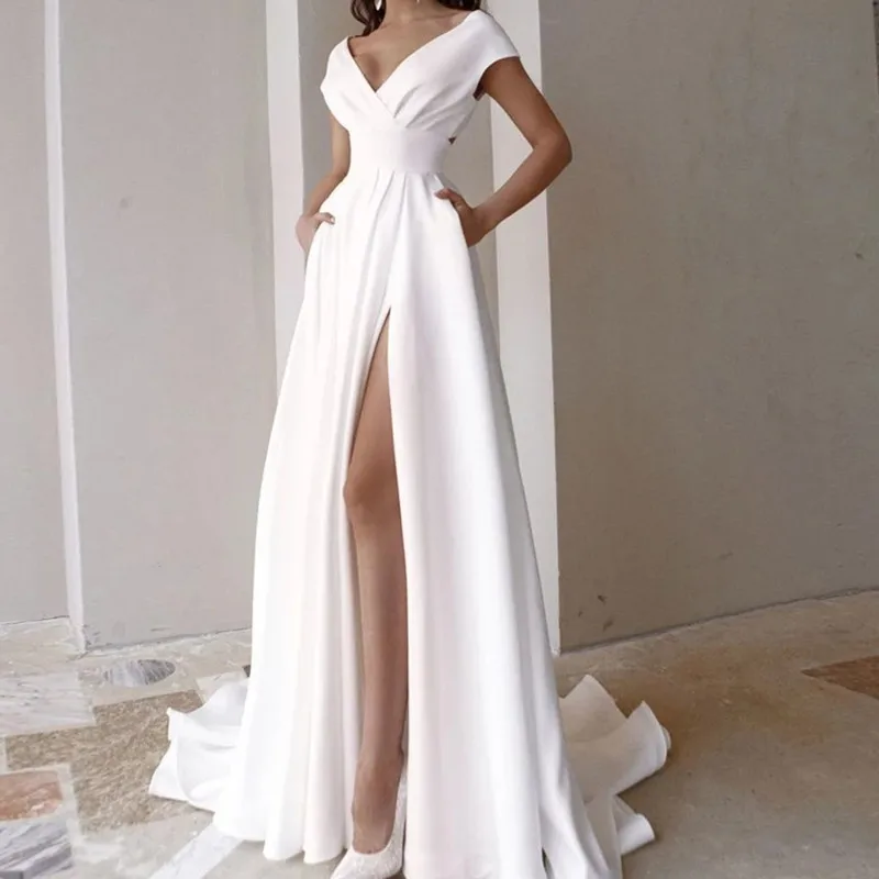 

Simple Formal Gowns Bridal Wedding Dress Woman Sexy High Split Long Marriage Party Clothes CXF219