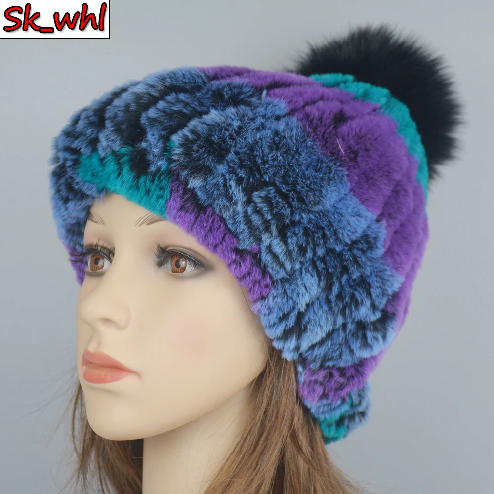 

2021 New Winter Russian Natural Rex Rabbit Fur Hat Women Elasitc Warm Handmade Knitted Real Fur Hats Fox Fur Pompoms Beanies Cap