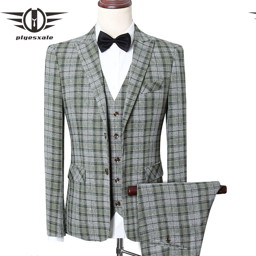 5XL Plaid Mens Suits Wedding Groom Slim Fit Business Suit For Men Stylish Men's Office Elegant Three Piece Prom Wear Q863 | Мужская