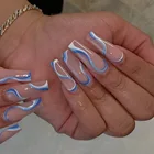 Накладные ногти длинные волнистые линии синие и белые наклейки для ногтей Готовые наклейки для ногтей 24 наклейки для ногтей с клеем NE