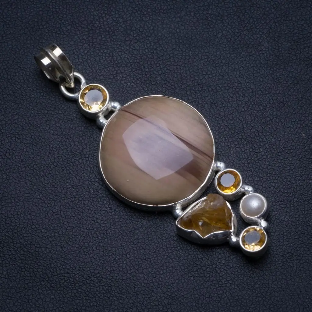 

Natural Imperial Jasper,Citrine,River Pearl& 925 Sterling Silver Pendant 2.5" U0503