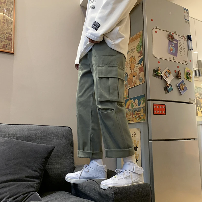 

Men Casual Pants Cargo Pockets Loose Fashion Harajuku Korean Style Ulzzang New Chic Simple Men Pants Streetwear Punk Pants