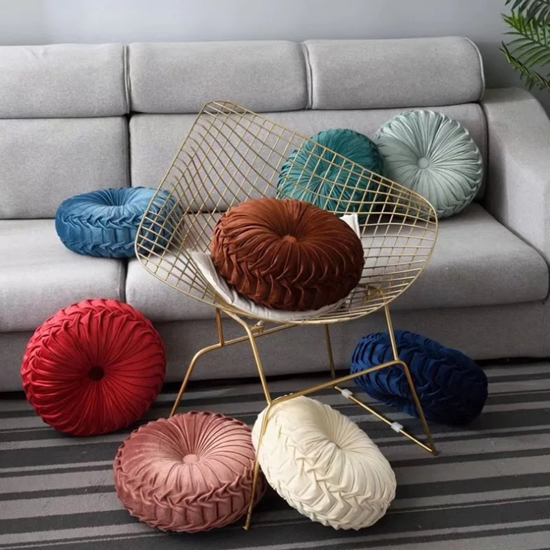 

9 Colors Pumpkin Round Seat Cushion/Back Cushion Sofa Handmade Ins Luxury Style Pleated Pillow Velvet Fabric 36cm