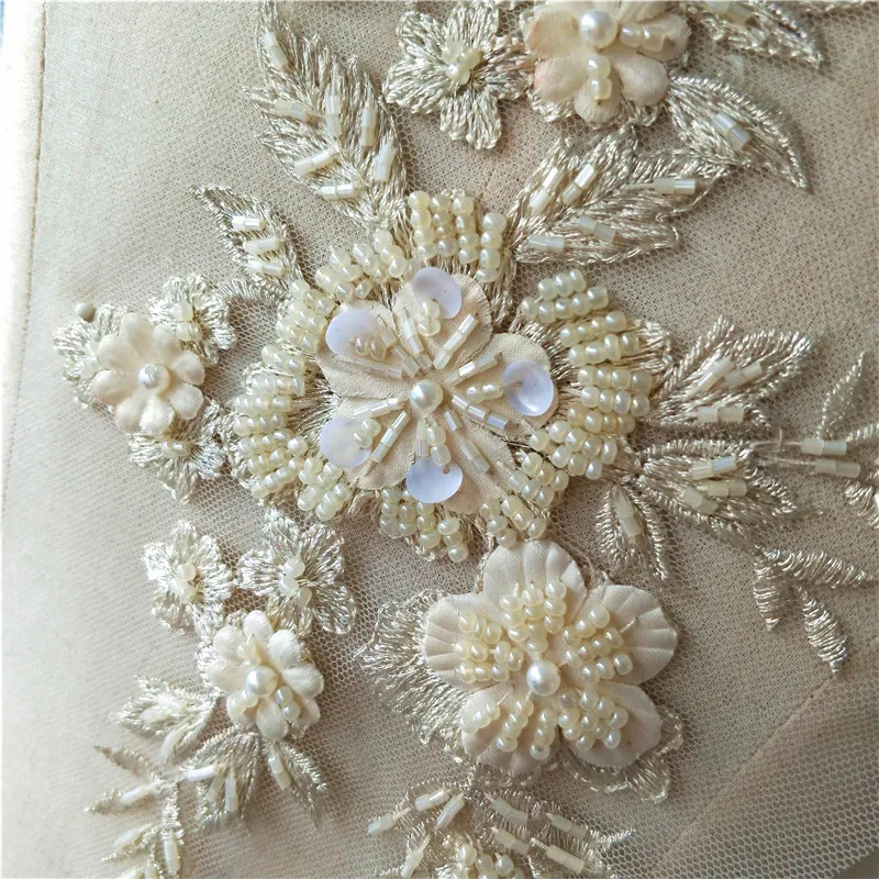 

3D beaded laces flowers pairs owers appliques Patch bridal dreses DIY lace beaded