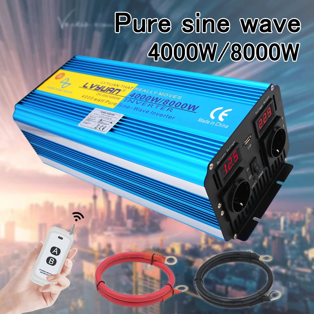

4000W/8000W pure sine wave DC 12V/24V TO AC 220V/230V/240V solar power inverter with 3.1A USB dual LED display dual socket
