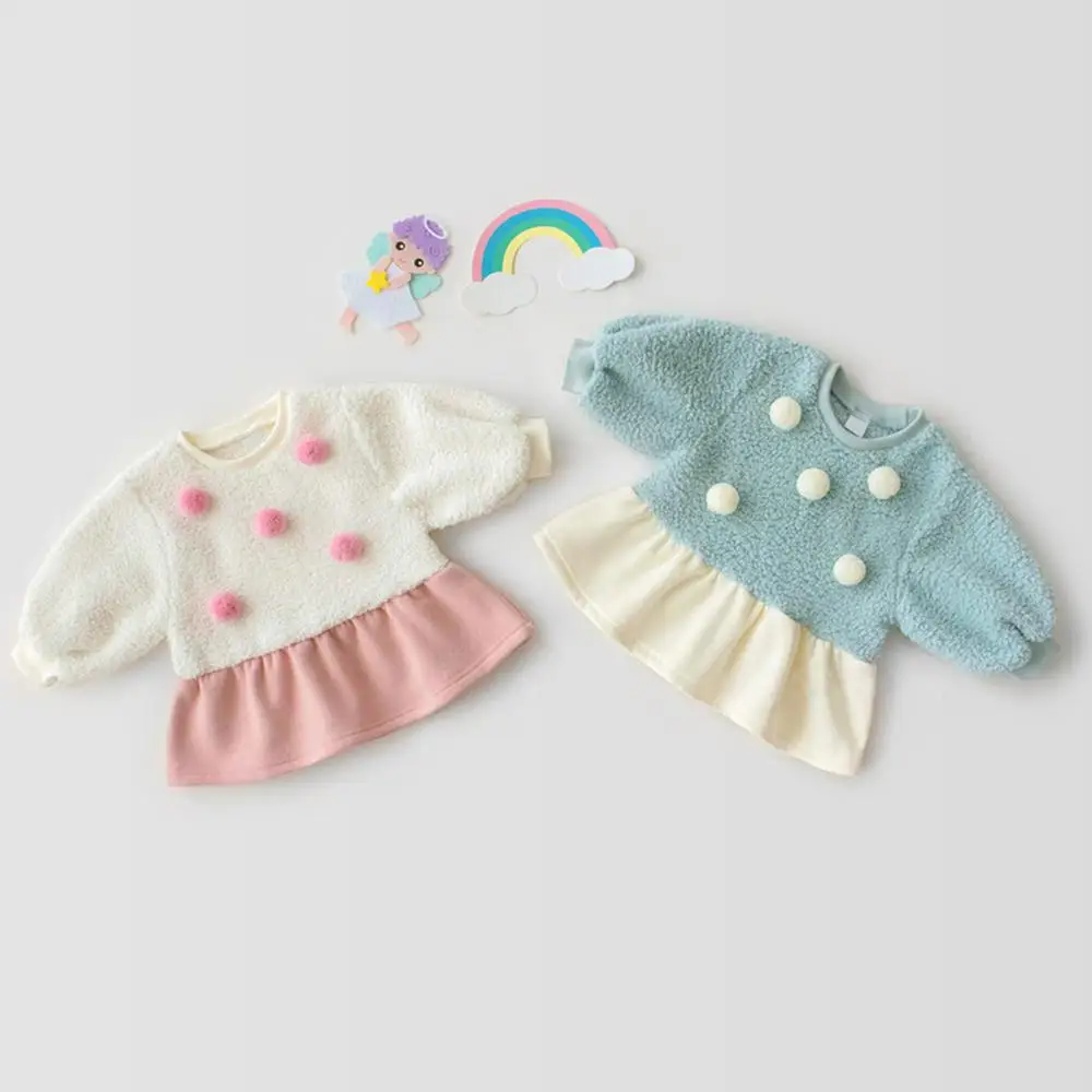 

Girls Newborn Ball Patchwork Wool Dress Princess Pink Blue Color Sweet Babe Toddler Winter Fall Ins Dresses Clothes