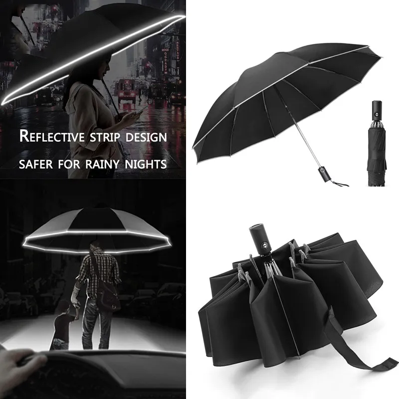 

For Xiaomi Automatic Umbrella With Reflective Stripe Reverse Umbrella Three Folding Inverted Rain Wind Resistant Sun Umbrellas