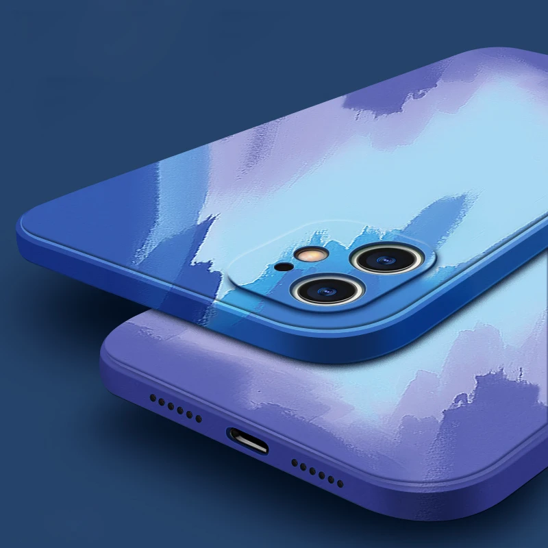 

WaterColor Gradient Liquid Silicone Phone Case For iPhone 12 11 Pro Max X XR XS 7 8 Plus SE 2020 Square Frame Soft Protect Cover