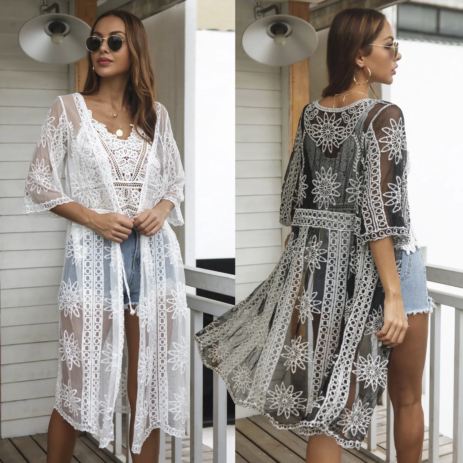 

Donsignet Women Cardigan 2021 Summer New Fashion Casual Beach Dress Cardigan Lace Gouhua Embroidery Bikini Cover-Ups