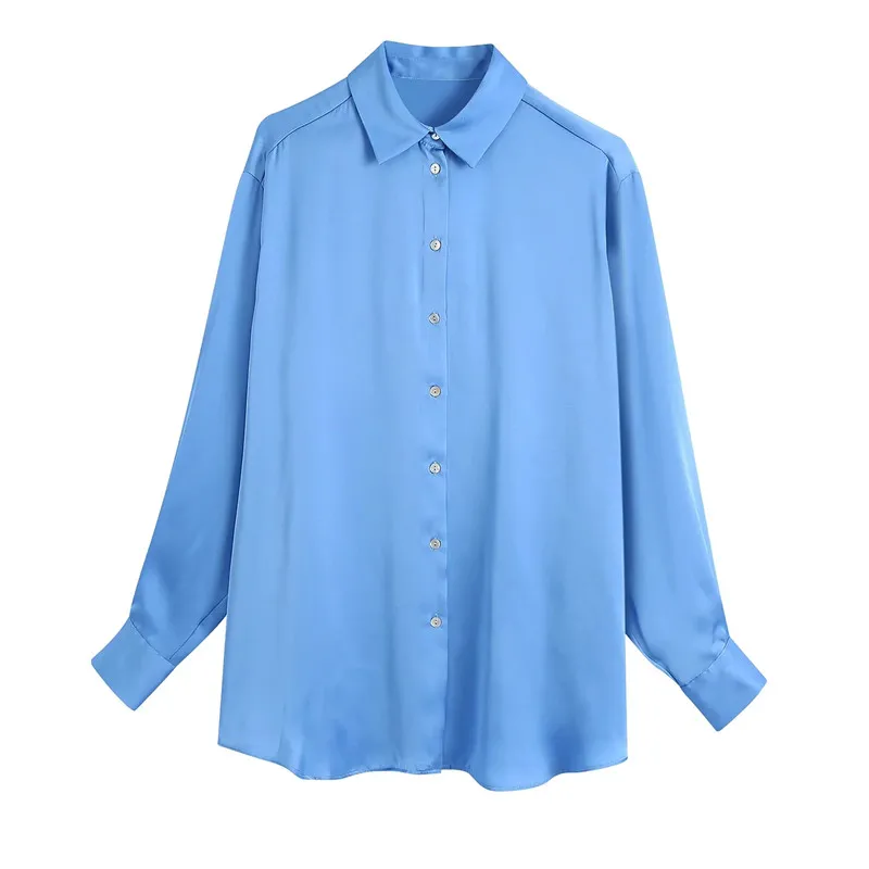 

TRAF Women Shirt Za Blue Satin Blouse Woman Autumn 2021 Long Sleeve Top Female Casual Fashion Collared Button Up Baggy Shirt