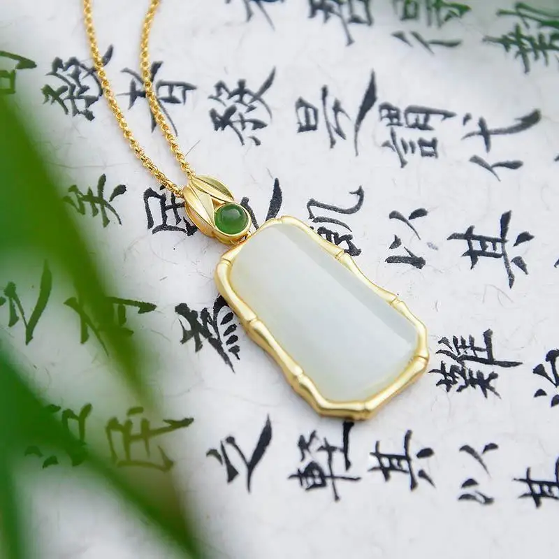 

Natural Hetian Jade Bamboo White Jade S925 Sterling Silver Pendant Tranquility and Peace Plate Jade Vintage Gilding Craft Neckla