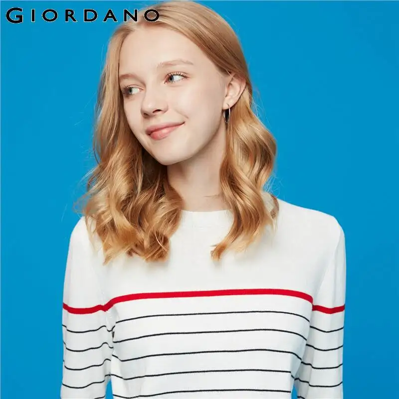 Giordano Women Sweater Knitwear Crewneck Combed Cotton Stripe Long-Sleeve 100% Soft Thin 91359870 | Женская одежда