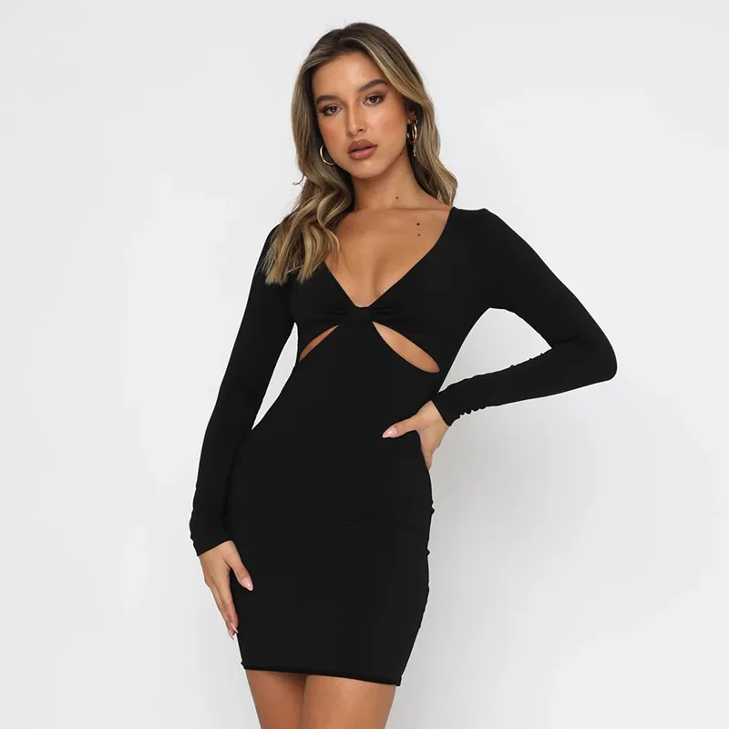 

Women Sexy Sheath Bodycon Fit Slim Dress Autumn Spring Fashion Elegant Femal Ribbed Long Sleeve V-neck Cut out Dresses