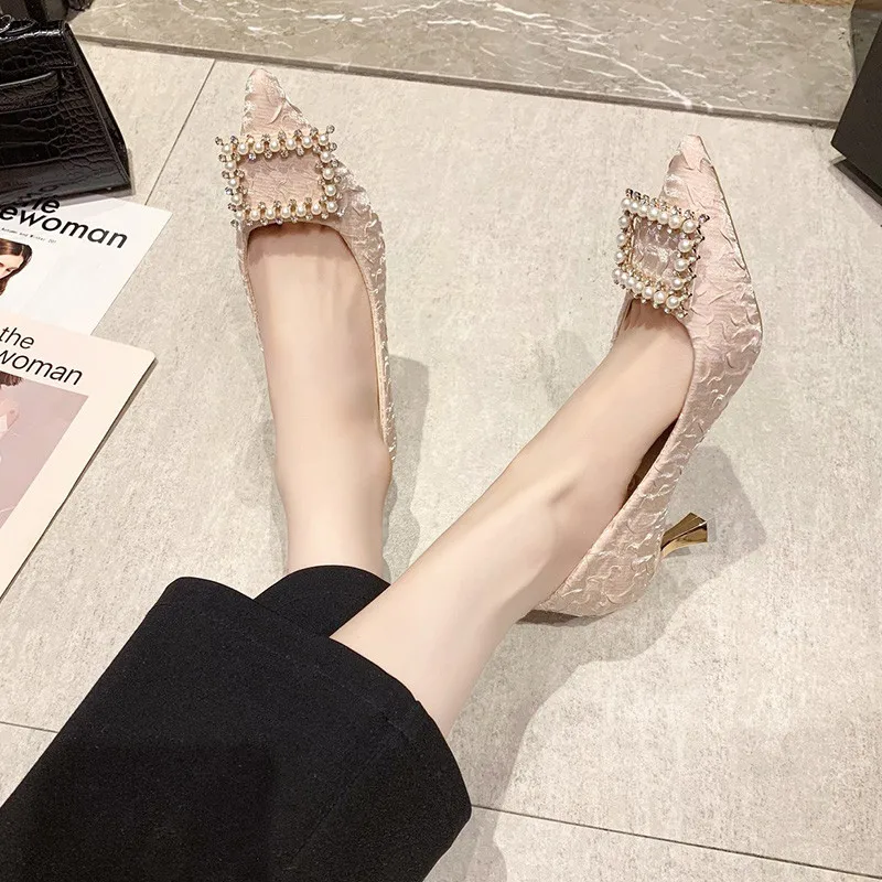 

Gold Heels 2021 Comfortable High-Heeled Shoes Sandals Ladies Sexy Pump Slip On Pointed Wedge Shallow Mouth Lace-Up Latest Casua