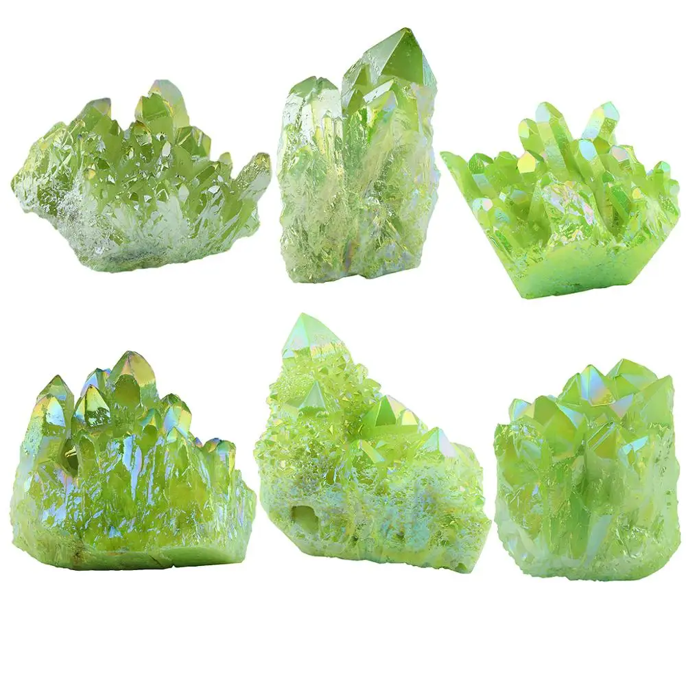 TUMBEELLUWA Lemon Green Angel Aura Titanium Coated Natural Crystal Cluster Stone Specimen Figurine