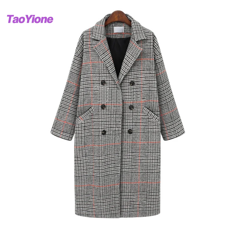 Женское длинное шерстяное пальто винтажная клетчатая куртка из смешанной шерсти