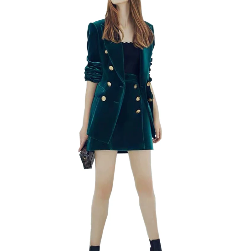 Женская одежда темно зеленый Бархатный комплект из двух предметов двубортная